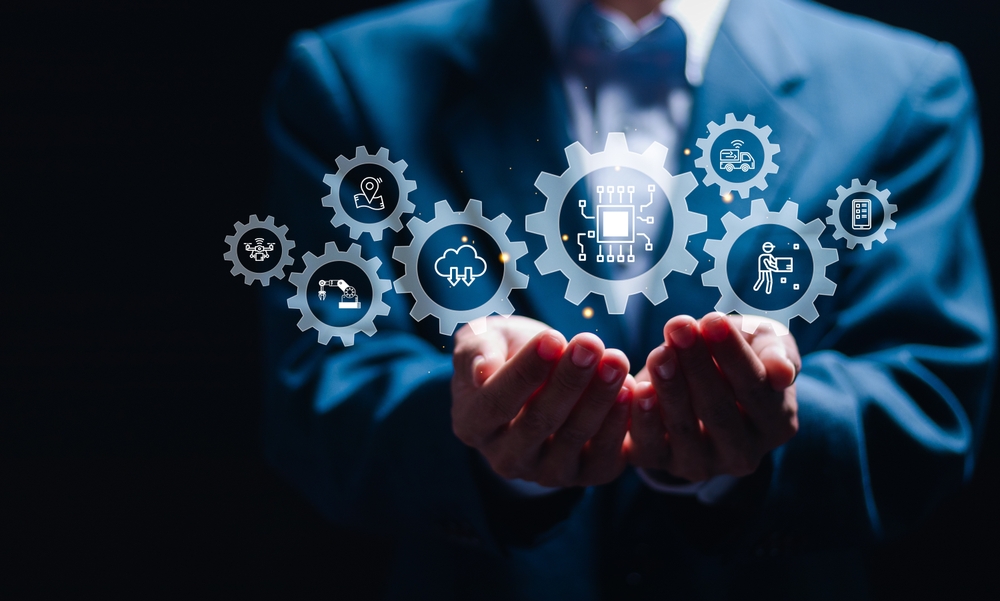 BusinessmanHoldVirtualSupplyChainIconsByArtificialIntelligenceTechnology